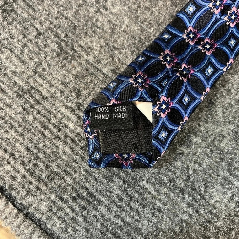 Bruno Piattelli Roma Silk Tie Blue Pink Geometric Floral Medallion Hand Made